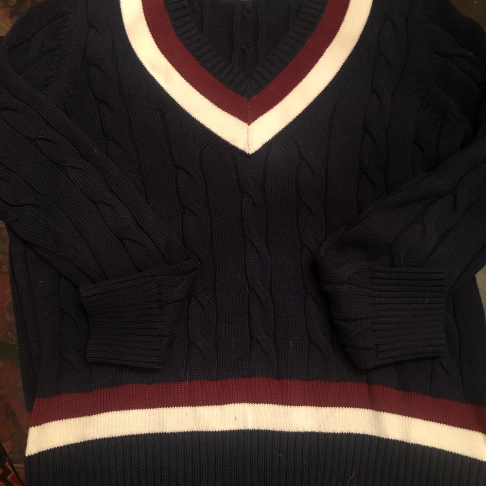 Brooks Brothers Navy V-Neck Sweater with Maroon and White Accents